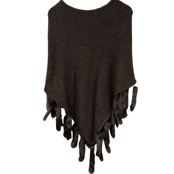 ESCAPADE Poncho S/M Brown Boucle Knit with Rabbit Fur Trim Womens Sweater NWT - Picture 1 of 8
